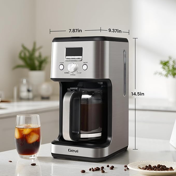 Gevi 14-Cup Programmable Coffee Maker, Drip Coffee Machine with Normal & Strong Brew for Home and Office, Glass Carafe, 2-Hour Keep Warm, Pause & Serve, Auto Shut Off, Silver