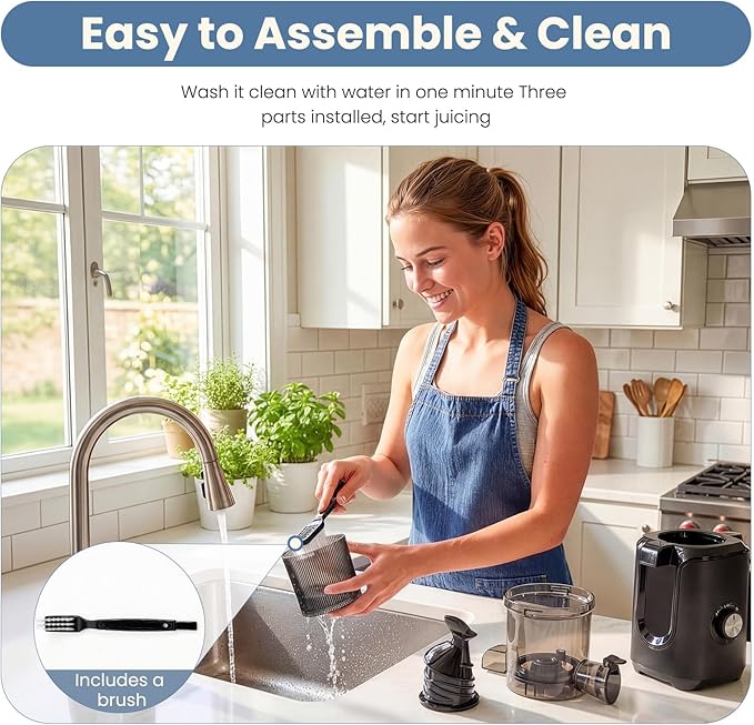 DUMOS Masticating Juicer Machines, Cold Press Juicer with 4.25" Wide Feed Chute, High Juice Yield for Whole Vegetables & Fruits, Easy to Clean, Black