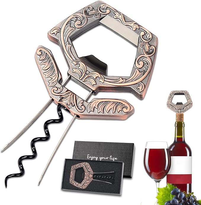 Ah So Wine Opener for Vintage Bottles, 3 in 1 Old Bottle Opener, Two Prong Cork Remover with Beer Bottle Opener, for Connoisseurs & Collectors to Uncork (Copper)