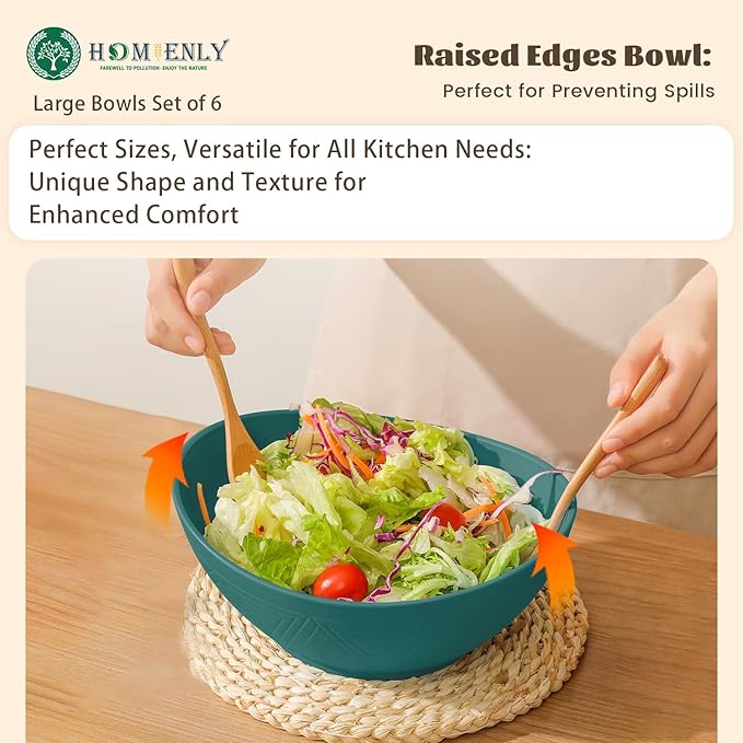 Homienly Salad Bowls 6 PCS Wheat Straw Bowls - 60oz Large Serving Bowl - Microwave and Dishwasher Safe Centerpiece Bowl Big Soup Bowl for Kitchen, Camping, Picnic, Party, Popcorn Bowl Set - Green