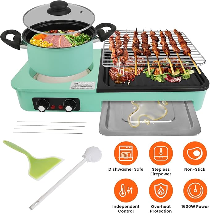 3 in 1 Electric Hot Pot with Grill Smokeless Non-Stick Pot and Griddle for Korean BBQ Grill Shabu Shabu Pot Divider Independent Dual Temperature Control for 3-5 People（1600W）