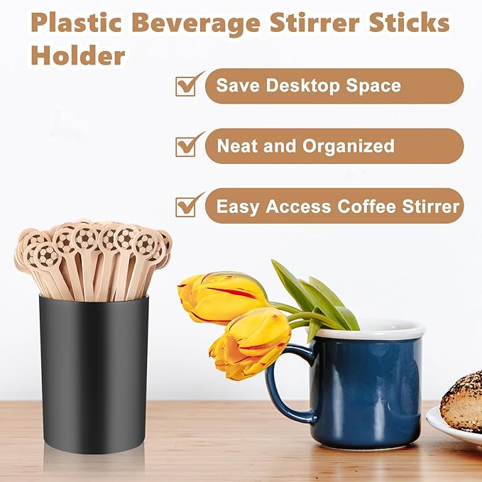 100 Pcs Soccer Coffee Stir Sticks and Holder Coffee Stirrers Wood 6 Inch Soccer Swizzle Sticks Tea Stirrers Disposable Round End Cocktail Stirrers Black Coffee Stirrers Holder for Soccer Party Favors