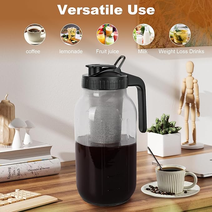 Cold Brew Coffee Maker,64 oz Mason Jar Pitcher with Stainless Steel Filter, Pour Spout Handle Lid, Heavy Duty Glass Airtight & Leak-Proof for Iced Coffee,Tea & Lemonade