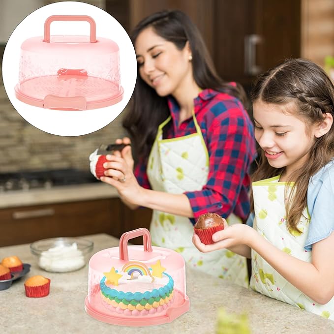 Amosfun 9.84 Inch Portable Cake Carrier with Handle Buckle Seal Round Cake Box Container Lightweight Cupcake Holder Tray for Dessert Transport