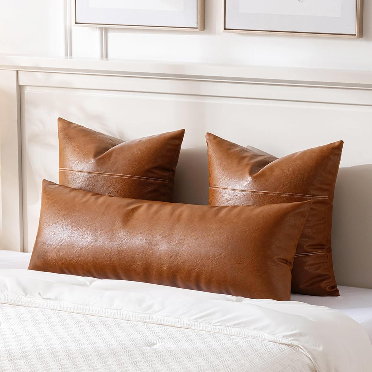 Fancy Homi Brown Boho Long Lumbar Faux Leather Body Decorative Throw Pillow Cover 12x40 Inch for Bedroom Couch Bed Bench, Thick Stylish Solid Rectangle Pillowcase, Rustic Modern Farmhouse Room Decor