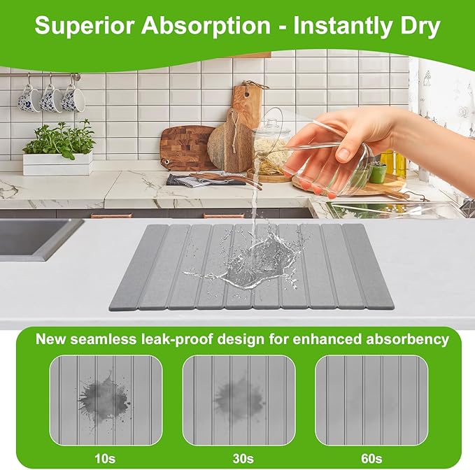 Stone Dish Drying Mat for Kitchen Counter - Large Foldable Collapsible Quick Drying Dish Mats, Ultra Absorbent Diatomaceous Earth Mats for Kitchen Dishes Bottles Cups Bathroom -Light Gray