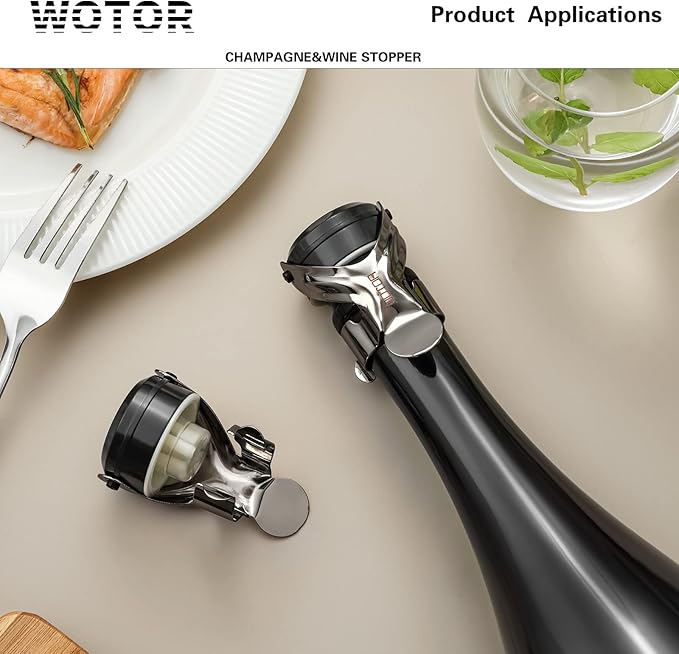 WOTOR Champagne&Wine Bottle Stoppers Stainless Steel with Food Grade Silicone, Leak Proof Keep Fresh Reusable Saver, Cork Suitable for Wine, Champagne, Cava, Prosecco and Sparkling (8 Pack Black）