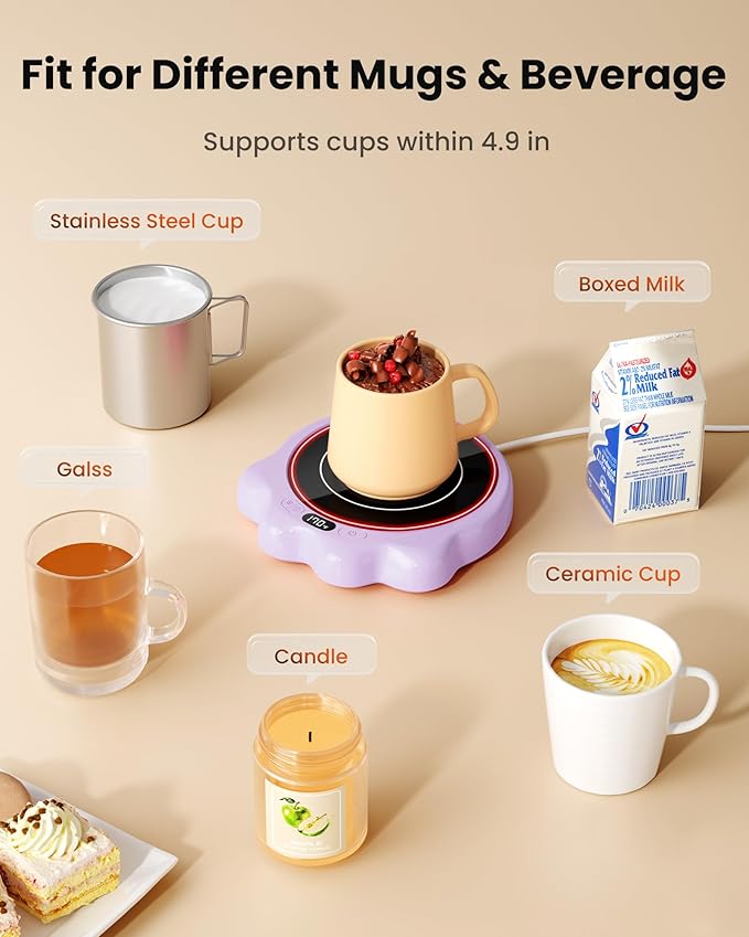 Gaiatop Mug Warmer, 50W Cute Cat Paw Cup Warmers, 3 Temp Settings, 2-10H Auto Shut Off, Coffee Accessories Keep Beverage Hot for Desk and Home, Heated Plate Stocking Stuffers for Tea Candle Purple