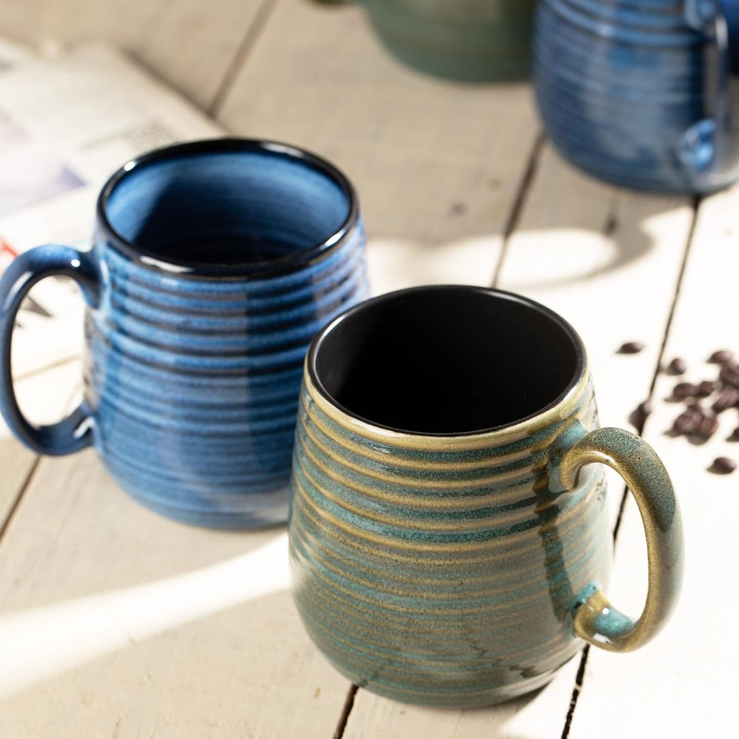 20 oz Large Ceramic Coffee Mug, Coffee Mugs for Women and Men, Big Tea Cups, Large Handle Handmade Pottery Mug for Office and Home, Microwave and Diahwasher Safe (Green with Stripes, 1PCS)