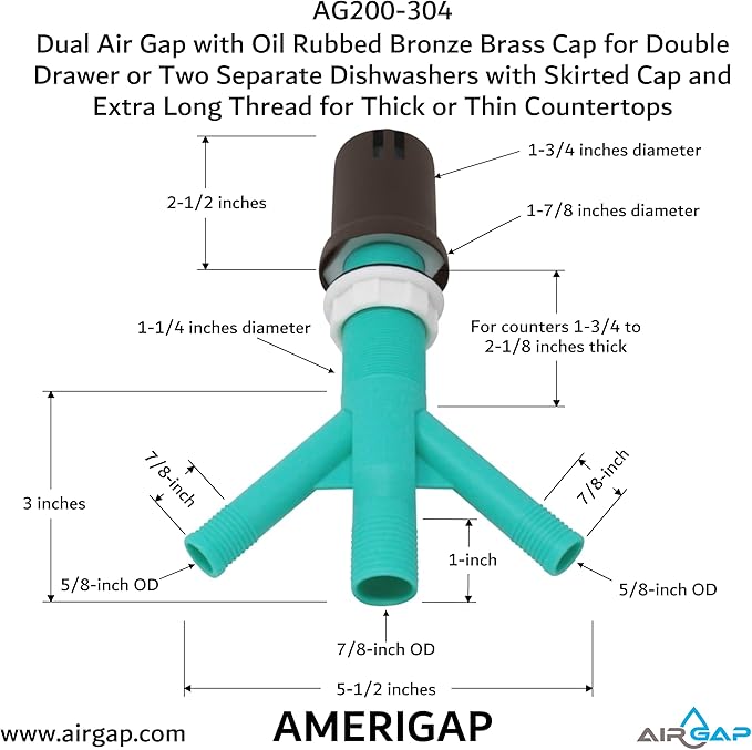Dual Air Gap with Oil Rubbed Bronze Brass Cap for Double Drawer or Two Separate Dishwashers with Skirted Cap and Extra Long Thread for Thick or Thin Countertops (AG200-304, AG200-X04, AMERIGAP)