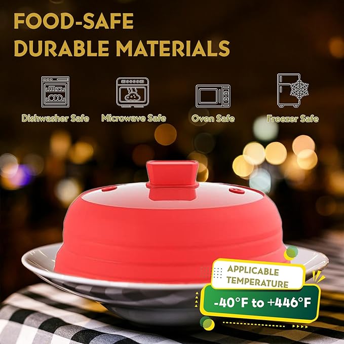Collapsible Microwave Splatter Cover, Glass Silicone Foldable Microwave Lid for Food, 10.8 Inch Grease Splatter Guard for Pots, Pans & Bowls, Red