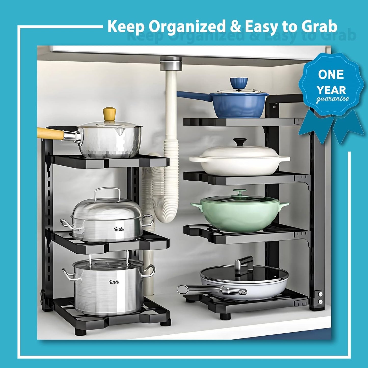 Pot and Pan Organizer Rack for under Cabinet, Heavy Duty Pot Pan Rack under Sink Organizers and Storage, Pot lid organizer, Kitchen Cabinet Organizer with 4 Adjustable Tiers