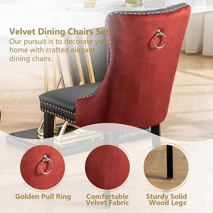 Dining Chairs Set of 4, Upholstered Dining Room Chairs with Back Ring Pull Trim and Solid Wood Legs, Modern Tufted Kitchen Chairs Perfect for Dining Room, Black Pu Leather Splicing WineRed Velvet