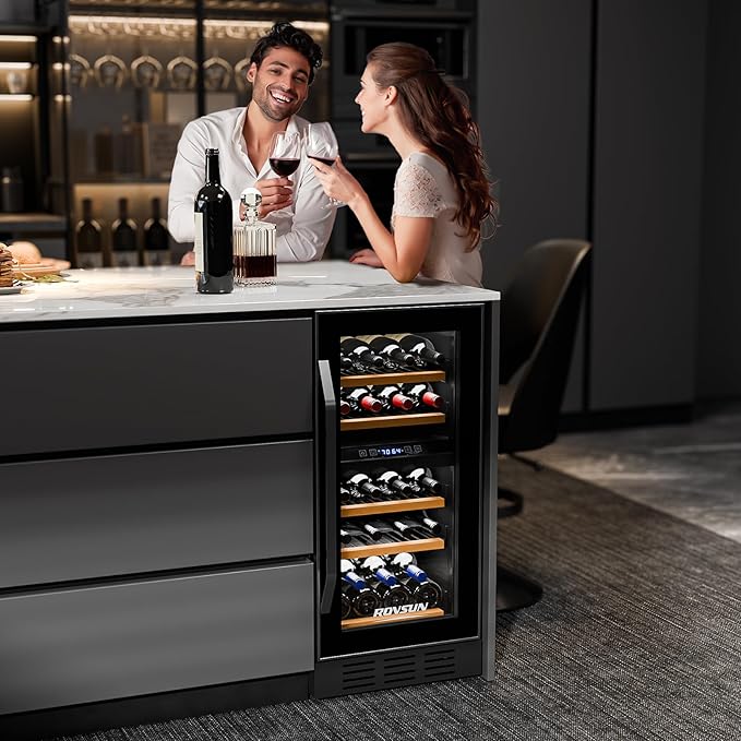 ROVSUN 26 Bottle Wine Fridge, Dual Zone Wine & Beverage Refrigerator w/Independent Temp & LED Control Panel, Built-in/Freestanding/Under Counter Wine Cooler Chiller for Red White Wine/Champagne/Beer