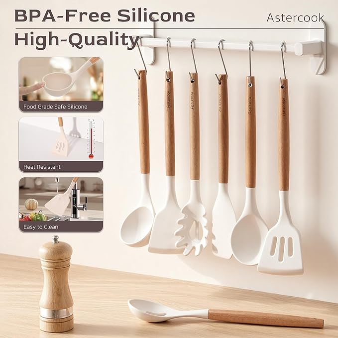 Astercook Kitchen Utensils set, 39 PCS Silicone Cooking Utensils Set with Wooden Handle, 446°F Heat Resistant Food Grade Utensil Sets, BPA Free Kitchen Gadgets Tools Set for Nonstick Cookware (Cream)
