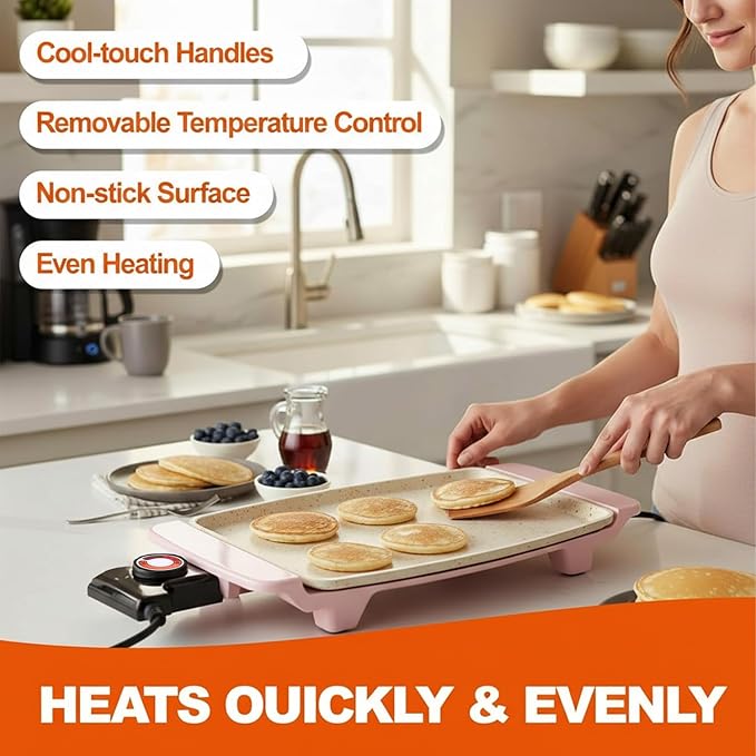 Small Electric Griddle, 10 Inch Mini Ceramic Non-Stick Electric Skillet with Adjustable Thermostat, 1200W Single Serve Grill for Breakfast, Cooking for Pancakes, Eggs, Sausage, Pink