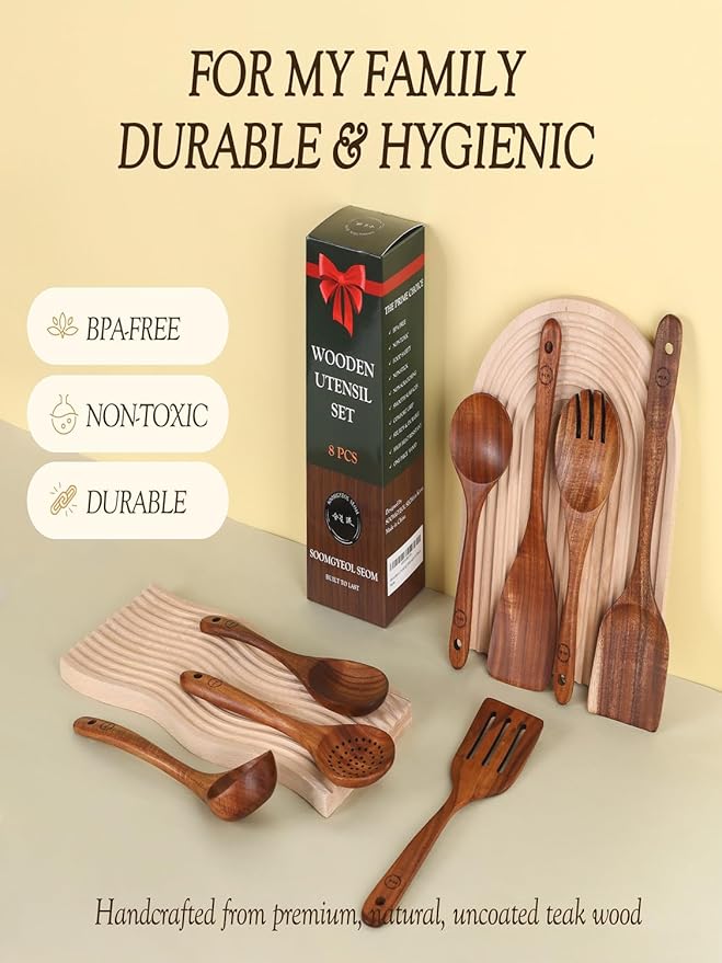 Natural Teak Wood Kitchen Utensil Set - 8 Piece Non-Stick Cooking Spoons & Spatulas, Heat Resistant & Eco-Friendly, Durable Wooden Tools for Nonstick Cookware
