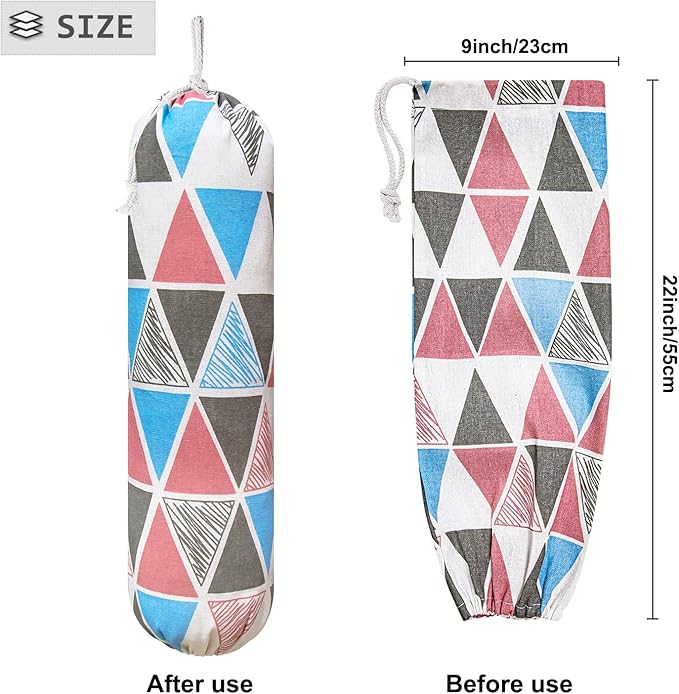 Plastic Bag Holder, Wall Mount Plastic Bag Organizer, Shopping Bags Carrier, Washable Large Grocery Bag Storage Dispenser for Home Kitchen Travelling, Free Adjustment with Drawstring (pink triangle)