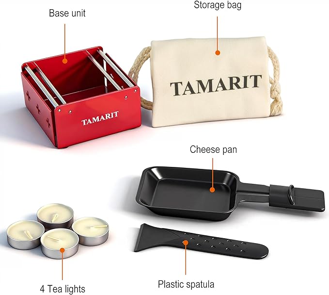 TAMARIT Personal Raclette Grill- Portable Candlelight Raclette Cheese Melter with Non-Stick Pan & Spatula - Small Raclette Machine for One Person, Picnic, Camping & Home, Red