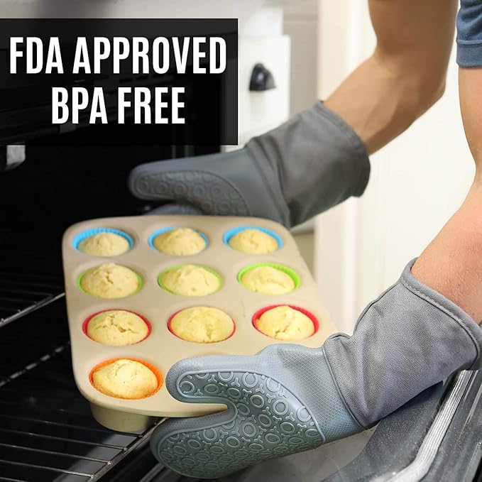 BPA-Free Soft Silicone 4 Piece Oven Mitts & Trivets Set - Ultra Heat Resistant Oven Mitts with Thick Cotton Liner - Long Slip Resistant Pot Holders, Flexible Oven Gloves - Gray