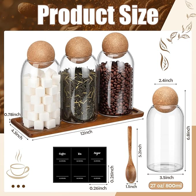 Suclain 3 Pcs Glass Coffee Storage Jar with Ball Cork Lid Wooden Spoon Shelf Labels Airtight Round Bottle Jar Food Storage Canister Set for Sugar Spice Coffee Bean Holder Candy Gift(27oz)