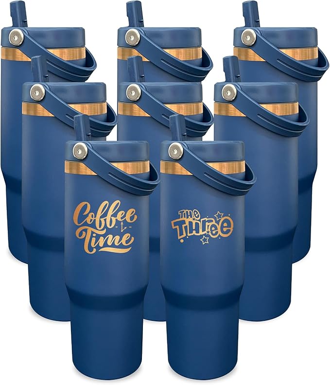 30 oz Tumbler Bulk with Handle and Straw, Vacuum Insulated Tumblers with Flip Straw and Top Handle, Leakproof Powder Coated Tumbler, Stainless Steel Travel Mug for Coffee Water (Navy, 8 Pack)