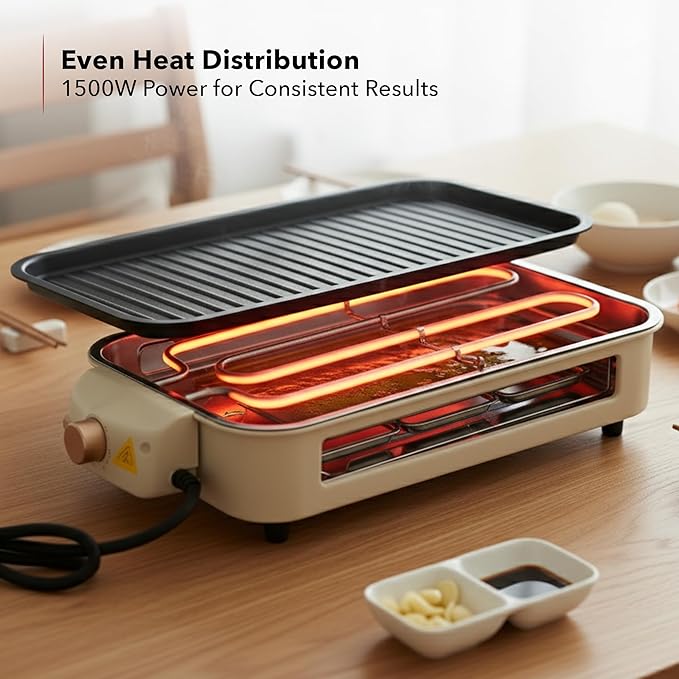 OVENTE 2-in-1 Electric Indoor Grill, 1500W Smokeless Korean BBQ Griddle with Non-Stick Removable Cooking Plate, 3 Raclette Cheese Pans, Adjustable Temperature Control, Dishwasher Safe, Beige BQR1502B