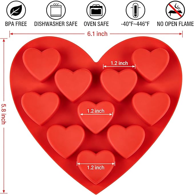 4 Pack 10-Cavity Heart Silicone Molds Non-Stick Food Grade Reusable Baking Molds for Chocolate Candy Gummy Jello Ice Cube Soap DIY Valentine's Day Craft Making