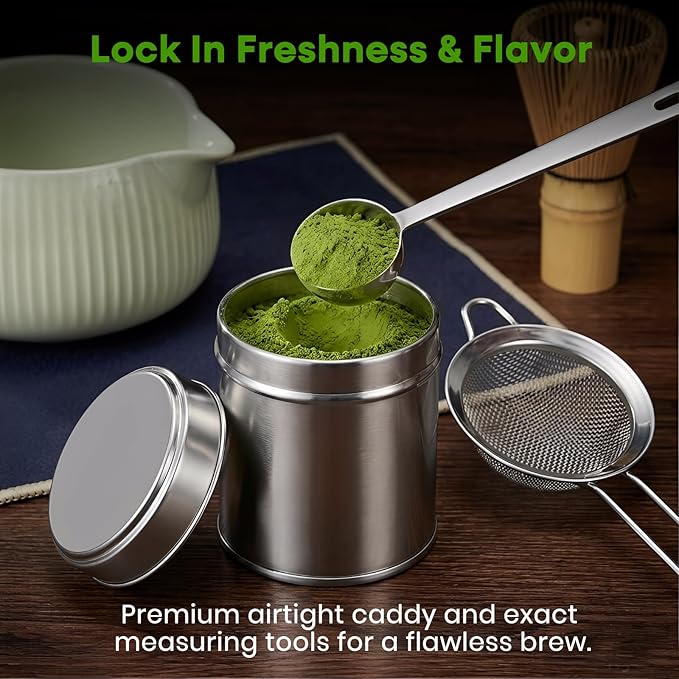 Matcha Whisk Set, 15PCS Ceramic Matcha Bowl Kit, Includes Bamboo Whisk & Holder, Glass Measuring Cup, Caddy, Sifter, Scoop, Tea Towel, Tea Mat, Making Sets for Lovers, Green