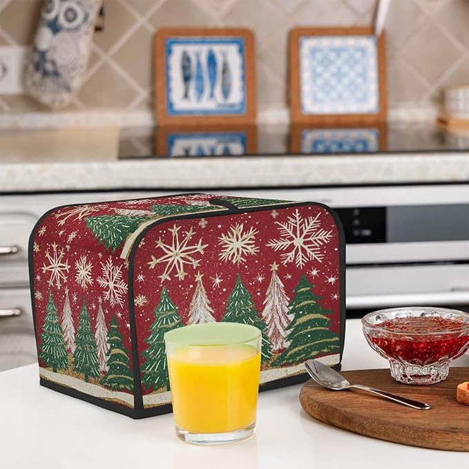 4 Slice Toaster Cover,Christmas Tree Snowflakes on Red Small Kitchen Appliance Bread Machine Cover with Pockets,Dust & Fingerprint Protection