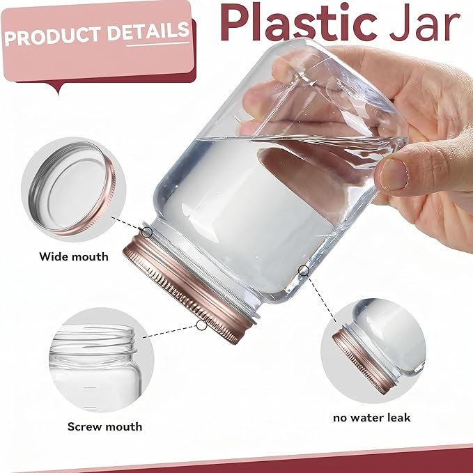 novelinks 16 oz Clear Plastic Jars with Lids, Refillable 16oz Mason Jars with Lids & Storage Containers for Kitchen & Household Use (20 Pack,Rose Gold)