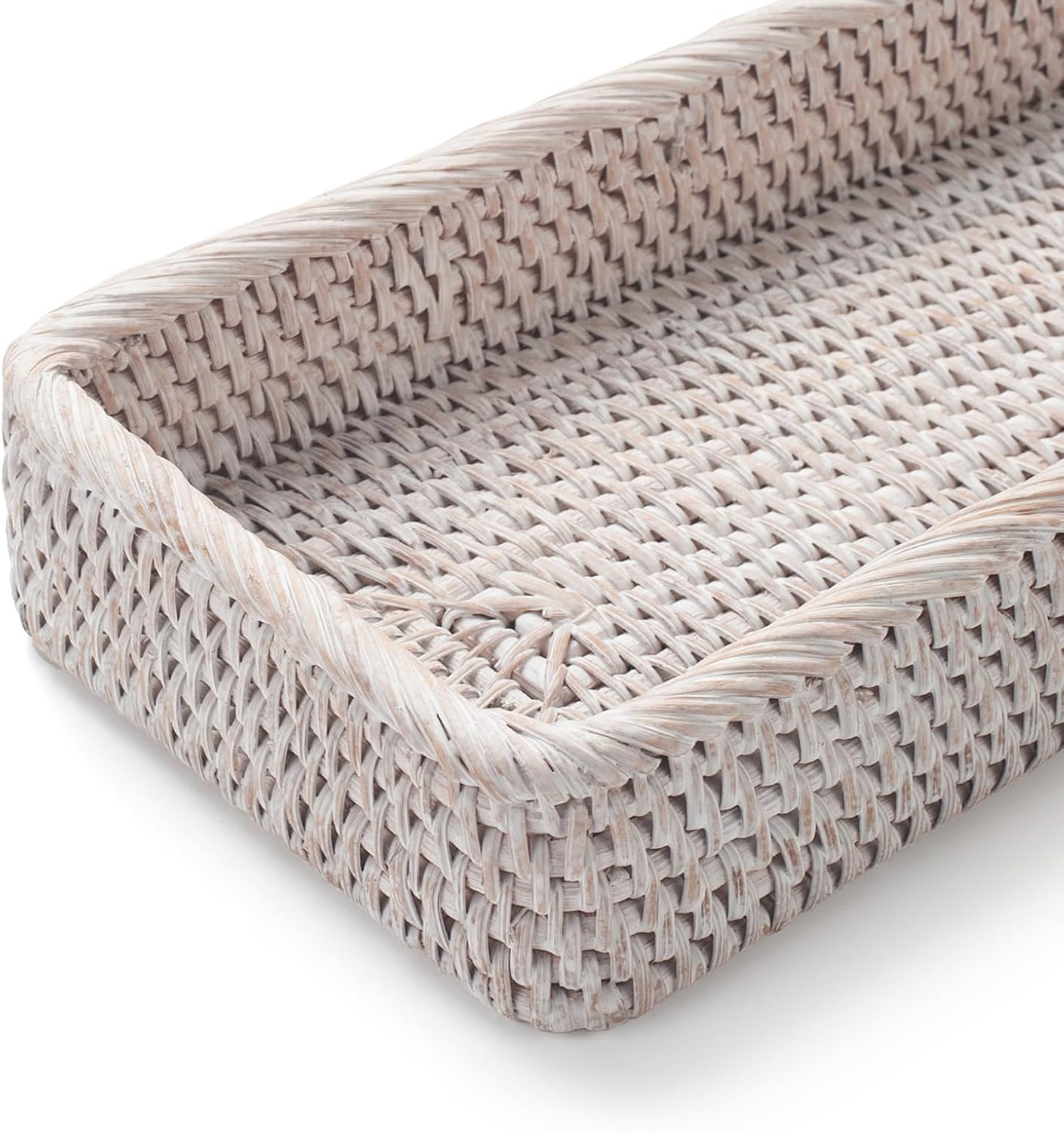 Rattan Bathroom Vanity Trays Toilet Tank Baskets Long Narrow Hand Towel Storage Basket for Storage, Decorative (Whitewash 16.3 x 6.1 x 2 inch)
