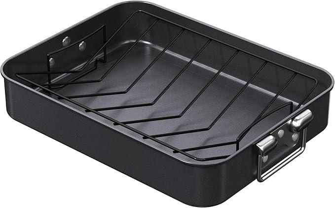 CHEFMADE Roasting Pan, 16-Inch Non-Stick Turkey Roaster Lasagna Pan with Rack - Rectangular Deep Dish Chicken Roaster Pan 16.3" x 12.52" x 3.11"(Black)