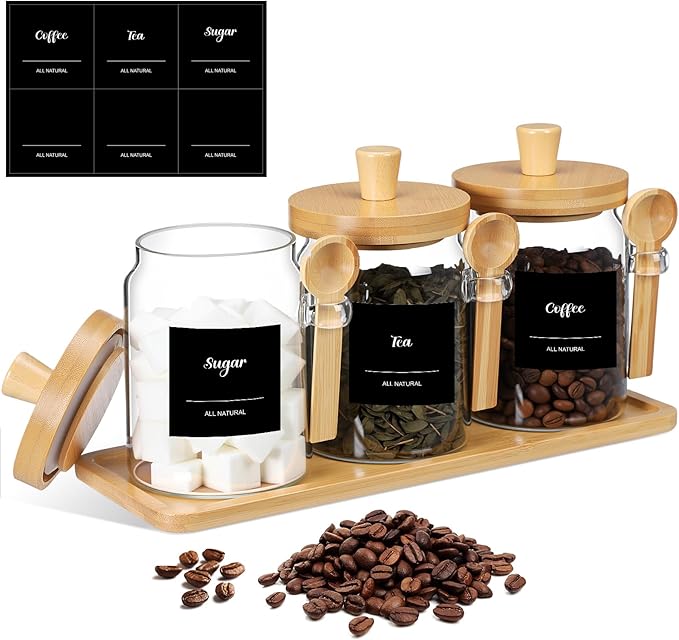 Suclain 3 Pcs Glass Coffee Container with Wooden Lid Spoon Shelf Labels Clear Airtight Jar Food Storage Canister Set for Sugar Spice Coffee Bean Holder Housewarming Gift(20 oz,Natural Bamboo)