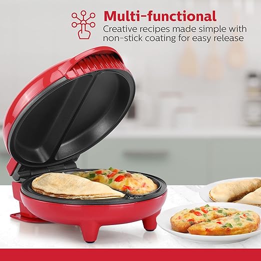 Holstein Housewares Stainless Steel 2 Section Omelet & Frittata Maker, Non Stick Coating, Easy To Clean, Indicator Lights, Compact Storage, Prepare Versatile Recipes in Minutes. 2 Portions, Red