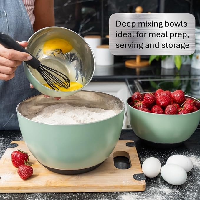WHYSKO Stainless Steel Mixing Bowls Set of 3 with Non-Slip Silicone Base, Nesting Metal Bowls for Meal Prep, Baking, Cooking & Food Storage, Dishwasher Safe Kitchen Mixing Bowls, Green