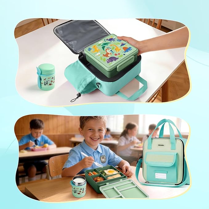 REDSHELL Bento Lunch Box for Kids Set, Leakproof Food Jar Pail with Insulated Bag, Toddler Snack Container Lunchbag for Girls Daycare, Back to School Lunchbox Kit, Includes Bottle Holder Strap, Green