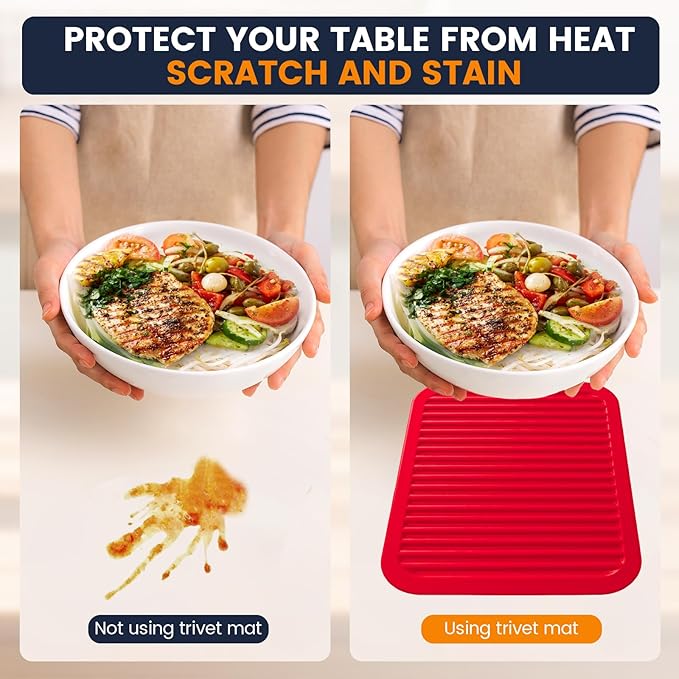 Silicone Trivet Mats 4 Heat Resistant Pot Holders Multipurpose Non-Slip Hot Pads for Kitchen Potholders, Drying mat, Jar Opener, Spoon Holder, Coaster.(Crimson red)