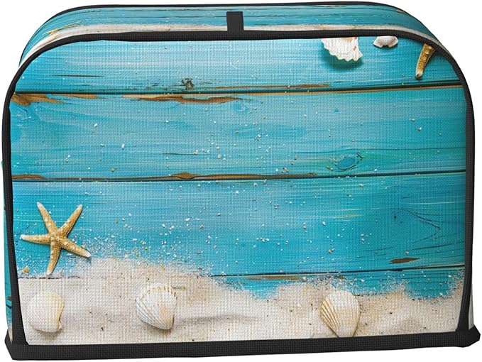 Seashells Starfish Blue Wood Toaster Cover 2 Slice, Cute Rural Bread Machine Cover, Washable Dust-Proof Cover for Kitchen Small Appliance Cover,with Top Handle