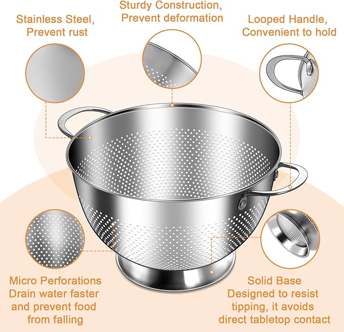 Stainless Steel Colander for Kitchen | 5 Quart Durable Rice and Pasta Strainer with Handle | Oversized Handles | Nesting Design | Rust-Resistant & Dishwasher Safe