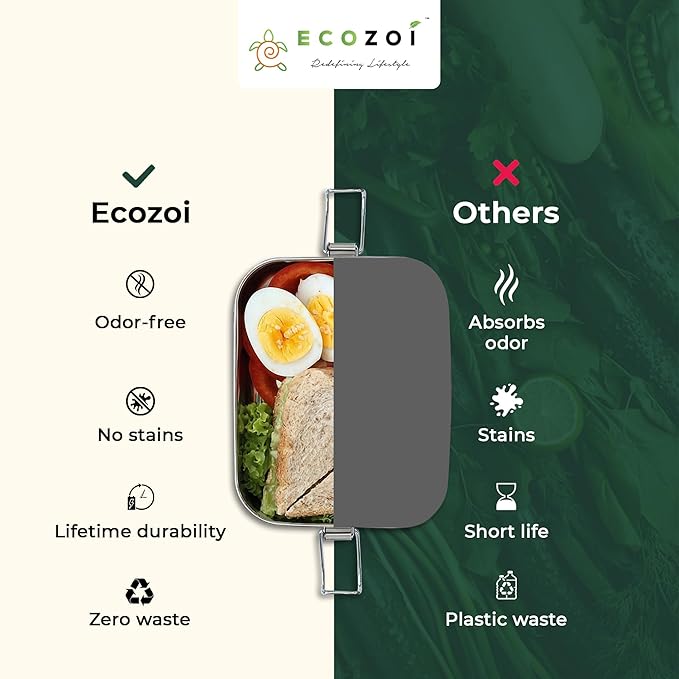ecozoi Leak Proof Stainless Steel Lunch Box, 3-in-1 Eco Bento Box | Redesigned Silicone Seal + Bonus Lunch Pod | Sustainable Tiffin Eco Friendly Metal Bento Box Food Storage Containers