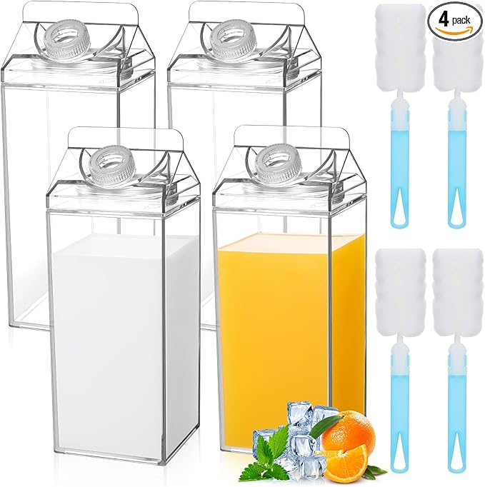 4 Pack 64 oz Large Milk Carton Water Bottle with Cleaning Brush Clear Plastic Milk Bottle Portable Leakproof Juice Container Reusable for Refrigerator for Outdoor Climbing Tour or Camping