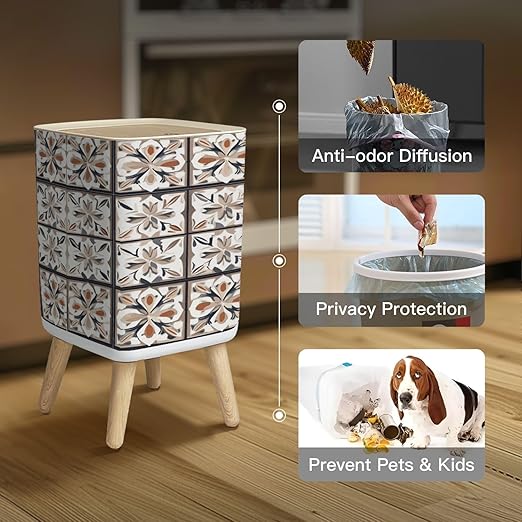 Small Trash Can with Lid Seamless Ceramic Tile Colorful Vintage Multicolor Pattern Wastebasket with Press Cover Dog Proof Garbage Can Waste Bin for Kitchen Bathroom Nursery 2.6 Gallon