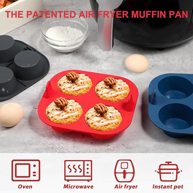 Webake 3PCS Silicone Air Fryer Muffin Pan for Baking 4 Cavity Air Fryer Egg Bites Silicone Mold, Nonstick BPA Free Muffin Tins