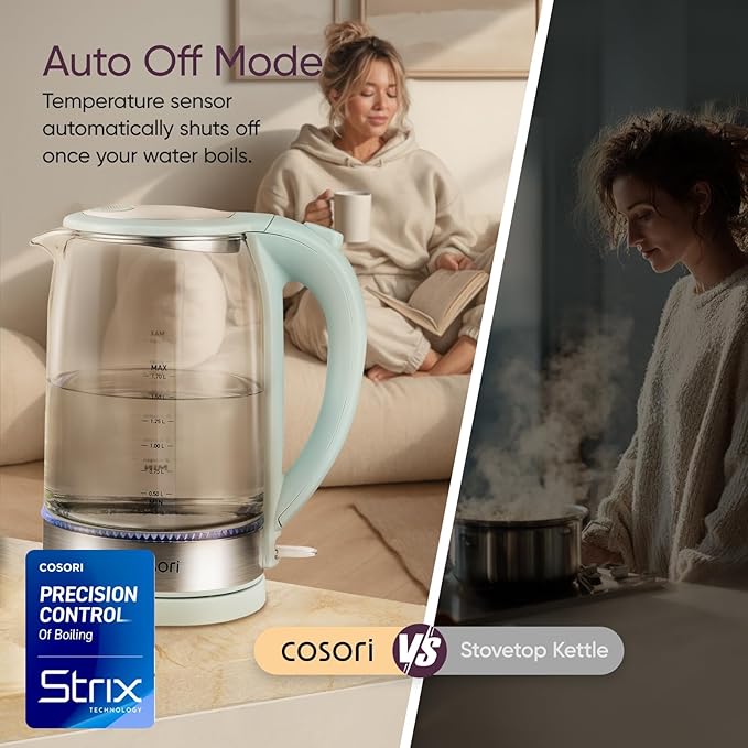Cosori Electric Kettle, No Plastic Contact With Water, Wide Mouth For Easy Cleaning, Auto Shut Off, 1.7L Tea Kettle & Hot Water Boiler, Water Heater & Teapot, Borosilicate Glass, Green, 1500W