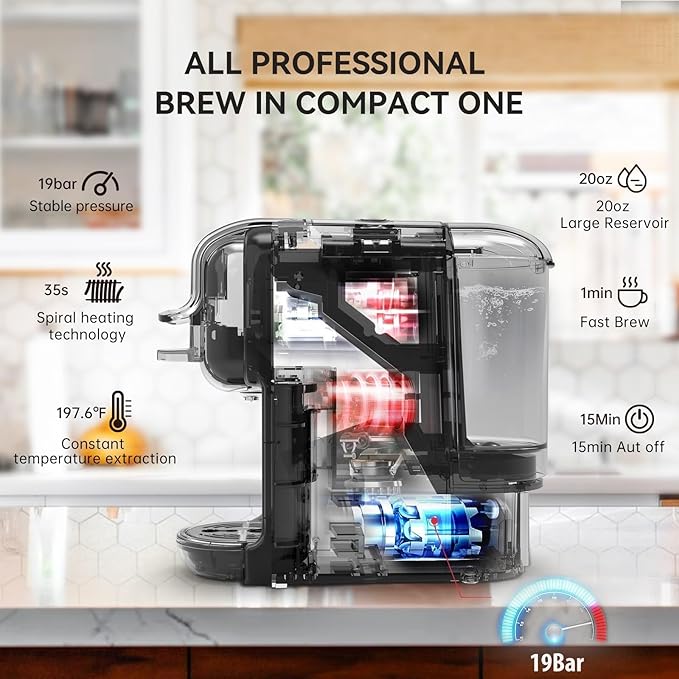 Multi-Capsule Coffee Maker, Hot/Cold Coffee Maker, Milk, ESE Pod Ground Coffee, Cafeteria, 19 Bar, 5 in 1 (Color : H2B BK, Size : CHINA_US)