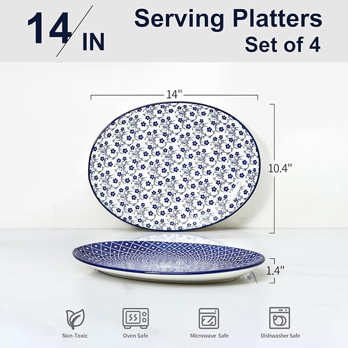 Selamica Serving Platter, 14 Inch Large Serving Dishes for Entertaining, Oval Ceramic Serving Trays for Party, Steak, Cake, Dinner, Fruit, Oven Safe, Microwave Safe, Set of 4, Vintage Blue
