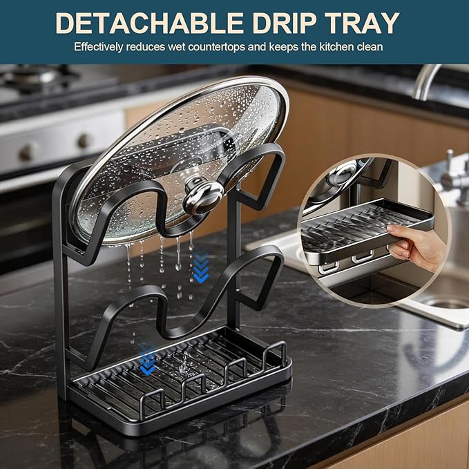 Kitchen Pot Lid Storage Rack: Carbon Steel Double-Layer Holder & Spoon Rest with Removable Drip Tray, Pot Cover Holder While Cooking, Pot Lid Organizer for Kitchen Counter Space Saving(Gray)