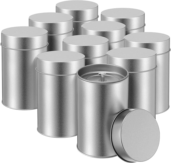 Zopeal 10 Pack Tea Tin Canister with Airtight Double Lids 12 oz Can Box Canister for Loose Leaf Tea Storage Bag Container Portable Small Kitchen for Coffee Sugar Pantry Camping, Silver