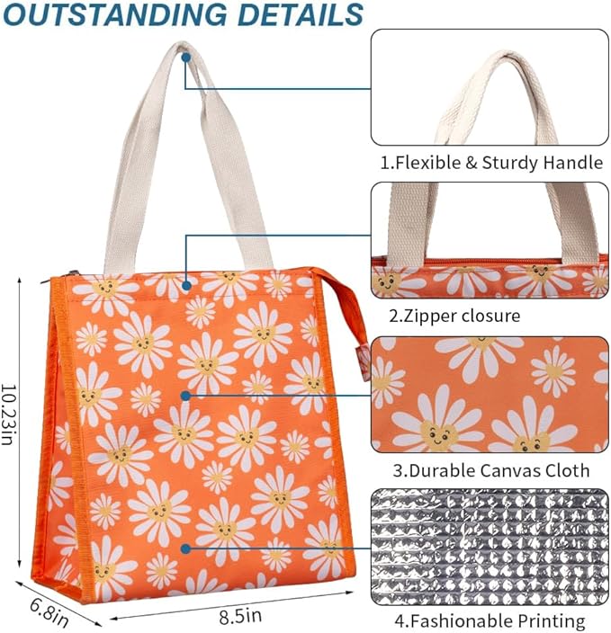 iknoe Insulated Lunch Bag for Women & Adults, 9L Foldable Wide-Open Cooler Bag with Pockets, Leakproof & Portable, for Picnic, Office, Beach(Daisy)